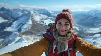 Fototapeta na wymiar Woman taking a selfie on a snowy mountain.