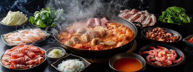 Korean hot pot meal. A steaming  hot pot with a fresh variety of seafood, meat and vegetable platters on the table. Japanese beef, shrimps, squids, rice, bok choy, enoki mushrooms.