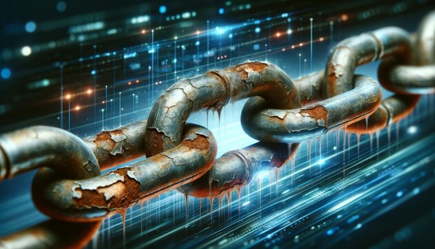 Close-up of broken rusty chain links against a digital backdrop representing data security breach