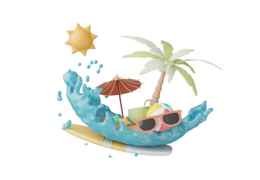 Summer elements 3d icon set clipart isolated on background, Minimal Realistic objects for mock-up with summer theme, beach umbrella, sand, inflatable ring, vacation time to travel.