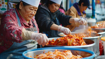 Korean people making kimchi. - obrazy, fototapety, plakaty