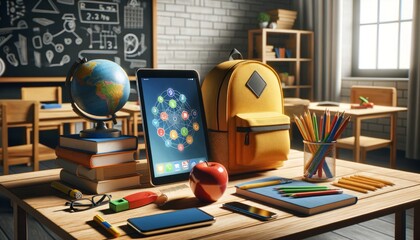 Wooden desk with tech devices and school supplies in classroom