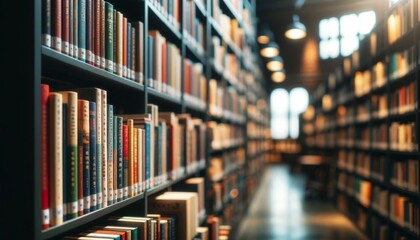 Sunlit library aisle with bookshelves filled with books