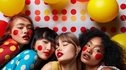 Diverse Gen Z women with statement red lips and playful polka dot attire share a cheerful moment among bright yellow balloons and a dotted backdrop.