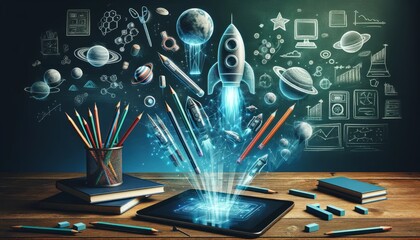 Tablet with educational graphics and school supplies
