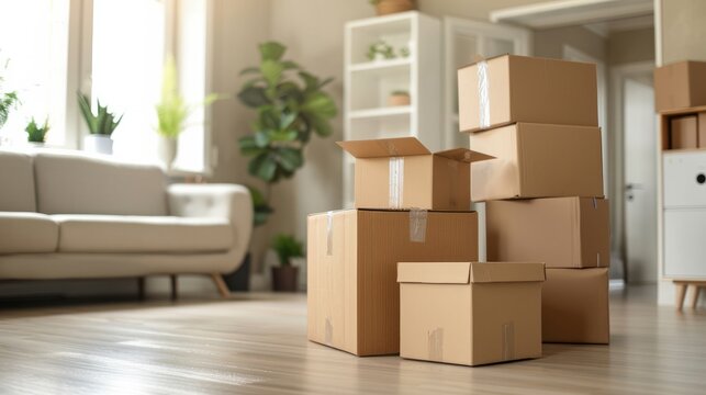 Stack of brown cardboard boxes with household belongings on floor in empty living room. 