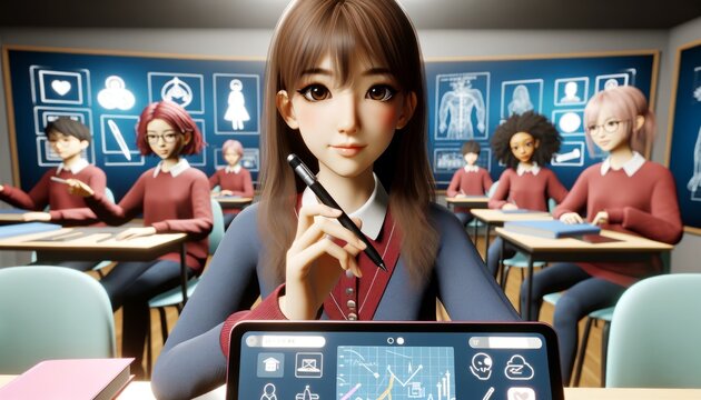 Animated teacher with students in a virtual classroom educational technology theme - Powered by Adobe