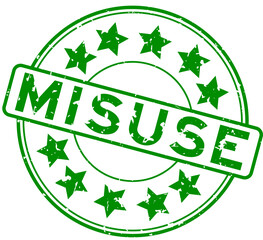 Grunge green misuse word with star icon round rubber seal stamp on white background