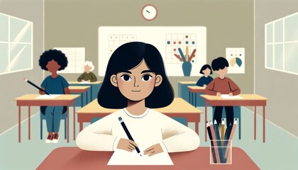 Animated girl drawing in class with students and teacher in background educational scene