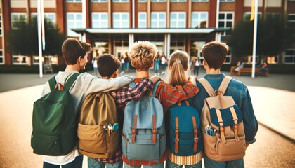 Group of schoolchildren with backpacks standing arm in arm in front of their school looking at building - obrazy, fototapety, plakaty