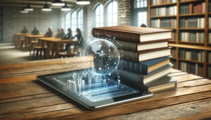 Stack of books with a tablet showing a holographic globe on a wooden table in a library