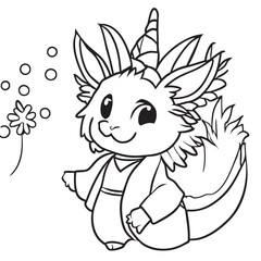 new years cute black and white dragon linart childrens coloring, vector illustration line art