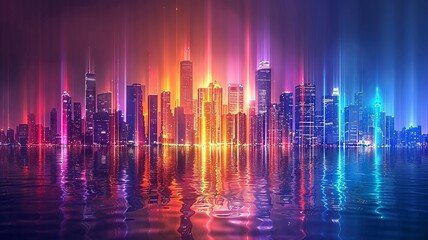 Neon skyline of an ultramodern city pulsating with vibrant energy beams