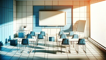 Contemporary classroom with stylish chairs and a whiteboard bathed in natural light