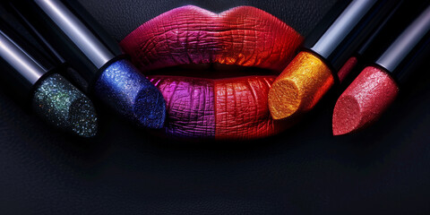 A variety of lipsticks and lip glosses against a background of bright lips close-up for makeup inspiration.