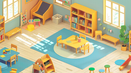 modern kindergarten interior, designed to offer a cutting-edge learning environment for young children. isometric illustration
