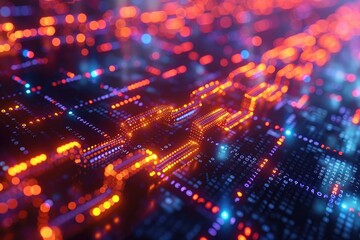 An abstract representation of flowing digital data streams, with glowing binary code coursing through a network of nodes and connections. Abstract Digital Data Stream Visualization