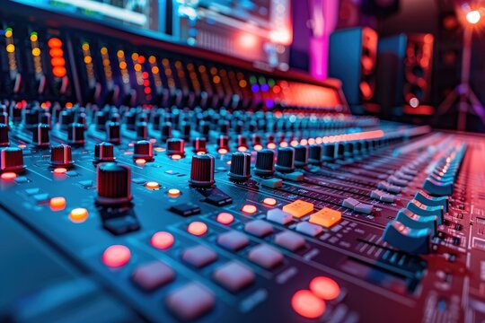 Professional Audio Mixing Console in Studio, a professional audio mixing console with illuminated buttons and sliders in a music production studio environment.
