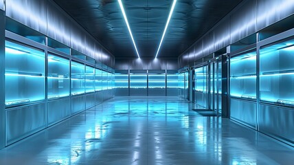 Fototapeta premium Gleaming commercial cooler with expansive shelving in a cool blue-toned room