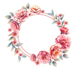 Camellia, floral frame of roses, ring, vignettes, wreath of pink, white flowers with leaves, vignette on a white background. Watercolor. Illustration. Greeting card design. - 753028973