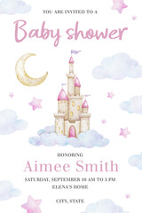 Fairy tale castle for princess in clouds, crescent moon and stars. Baby shower watercolor invitation card. New born celebration. Layout of kid's birthday card. Template of newborn's party invitation. © Fedulova_art