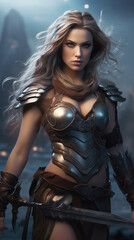 Beautiful blonde warrior girl in style of combat fantasy. Realistic rendering games concept - 753029137