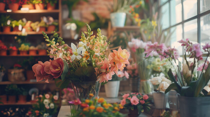 Fototapeta na wymiar Close up floral decorations. Flower bouquets in flower shop.