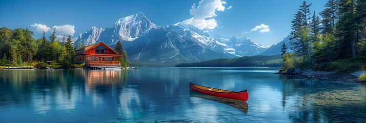 lake and mountains with trees,
Maligne Lake Boat House with canoe and blue sky. - obrazy, fototapety, plakaty