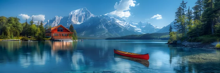 Foto op Canvas lake and mountains with trees, Maligne Lake Boat House with canoe and blue sky. © Rehman