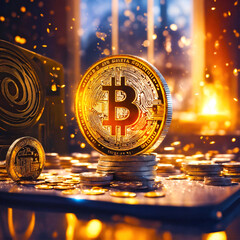 Bitcoin cryptocurrency symbol in a splash of sparks. Imaginary fantastic, realistic, super detailed coins, fictional sci-fi money of the future in digital space on a table in a room with a window