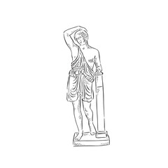 A line drawn illustration of a black and white statue on a plinth. Figure is leaning and inspired by Greek and Roman. Drawn in a sketchy style. 