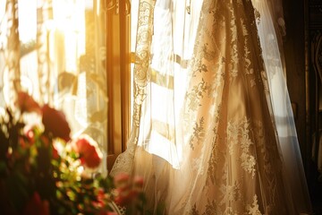 A detailed shot of a wedding dress hanging in a sunlit room
