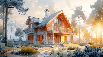 Construction of a rustic abode mid-sketch, touched by the rose hues of dawn - obrazy, fototapety, plakaty