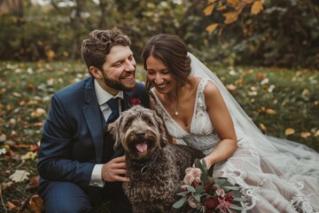 A playful photo of the bride and groom with their pet dog