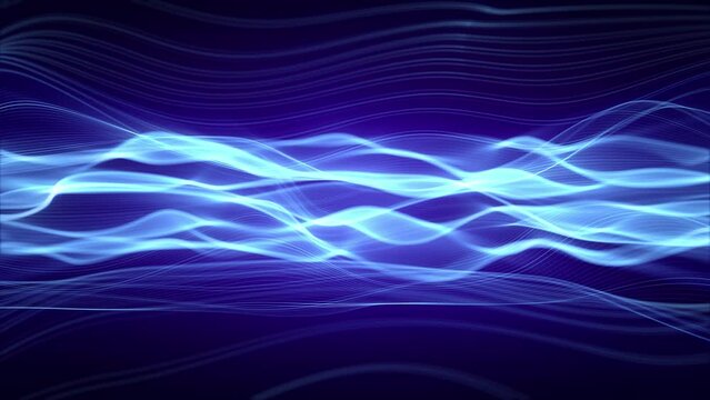 Loopable animation of blue wavy background with bright glow effect. Abstract screensaver for computer technologies, coding, blockchain, internet, artificial intelligence and science fiction. 4k, 60fps