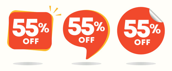55% off. Value discount poster, price. Special offer sticker, tag. Red balloon icon, vector. Advertisement, advertising for sales, promotion, store, retail