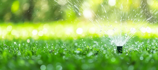 Fotobehang Efficient garden watering systems  automatic sprinklers watering lush green lawn with copy space. © Ilja