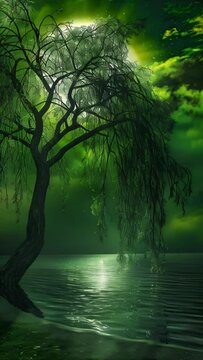Enchanting willow tree silhouetted against ethereal green sky. Branches droop gracefully over misty lake reflecting moonlight. Otherworldly atmosphere with glowing clouds and mysterious light.