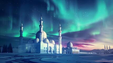 The colorful night and the white mosque, A beautiful white mosque with a night sky full of colors at the north pole - obrazy, fototapety, plakaty