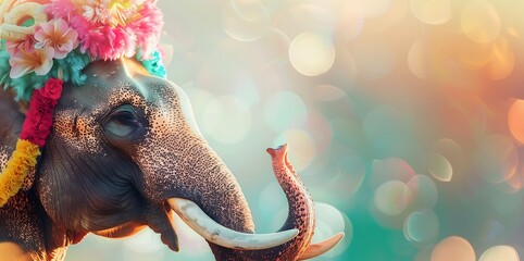 Decorated elephant with garland in Songkran festival at Thailand - obrazy, fototapety, plakaty