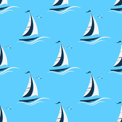 Black sailboats and white waves on blue background. Vector seamless pattern. Marine boyish theme. Best for childish textile, print, wallpapers, and nursery decoration.