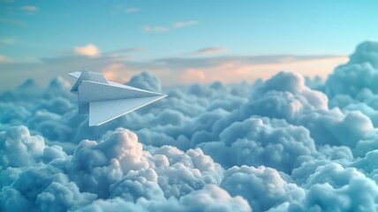 Paper plane soars on a graph chart among cotton clouds, sky blue embrace