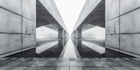 The image is a reflection of a bridge in a large, empty space