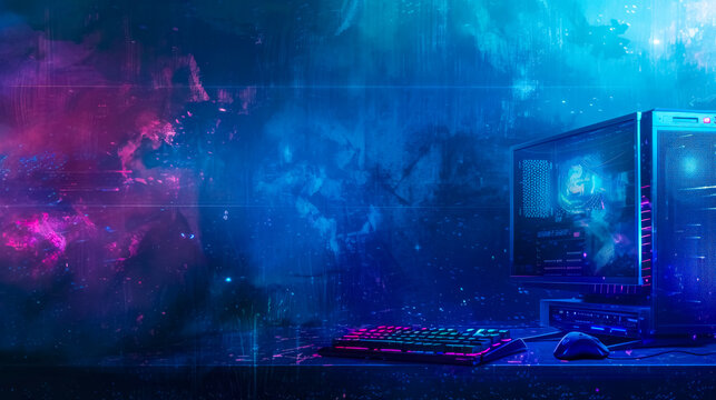 Futuristic gaming setup with neon lights