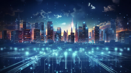 Smart city, smart city and abstract line and dot connection gradient line design, big data connection technology concept