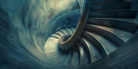 A spiral staircase with a blue background
