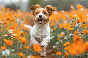 A healthy dog runs happily and energetically through a meadow filled with colorful flowers. Dock run concept.