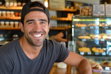 Smiling Man in Casual Attire Sitting at a Cafe Counter During the Daytime