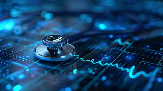 Stethoscope lies on a pulsing EKG display, in a surge of digital blues