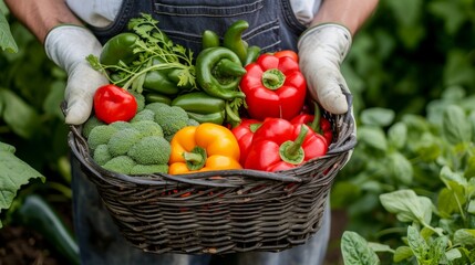 Organic farmer holding fresh vegetables in a basket on blurred farm background with copy space